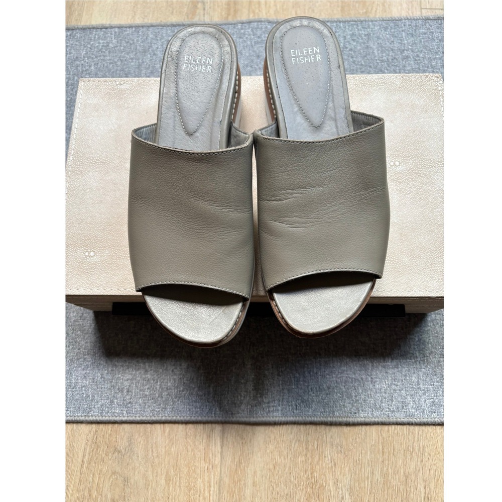 Eileen Fisher Taupe Leather Platform Slide Sandals Lug Sole Womens Size 8.5